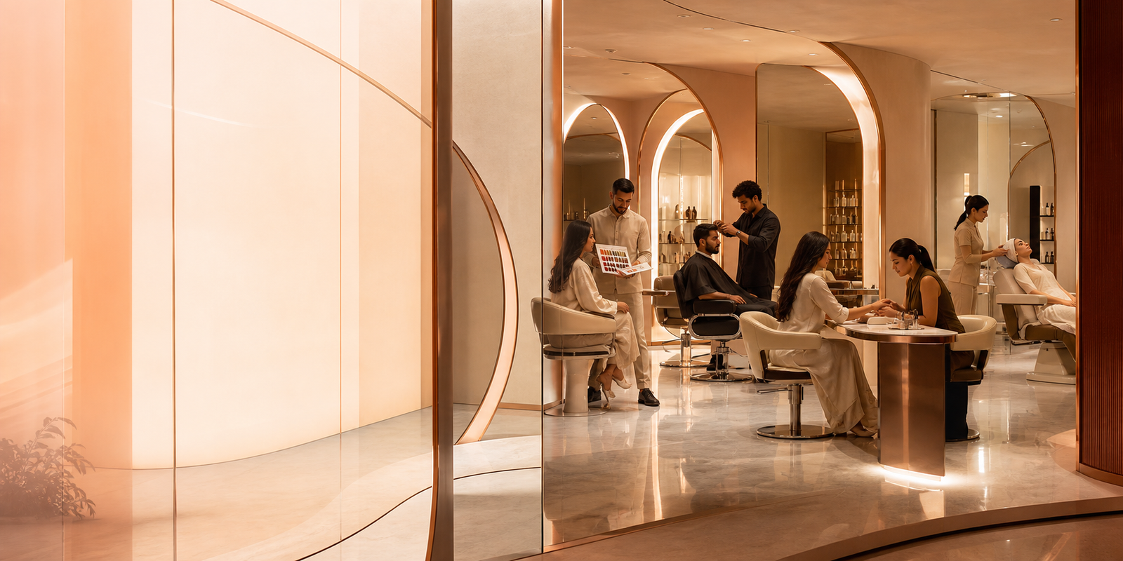 A contemporary salon bringing hair, nails, grooming and skin services into one refined space.